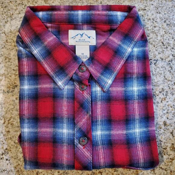 Women's 1X Plus Size Flannel Shirt Blue Mountain Pink, Blue, Red - Picture 1 of 4
